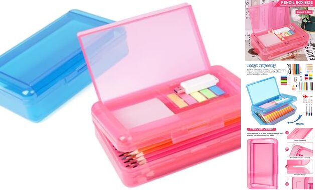 Large Clear Plastic Pencil Case With Snap Lid - Stackable School Supply Box In Pink