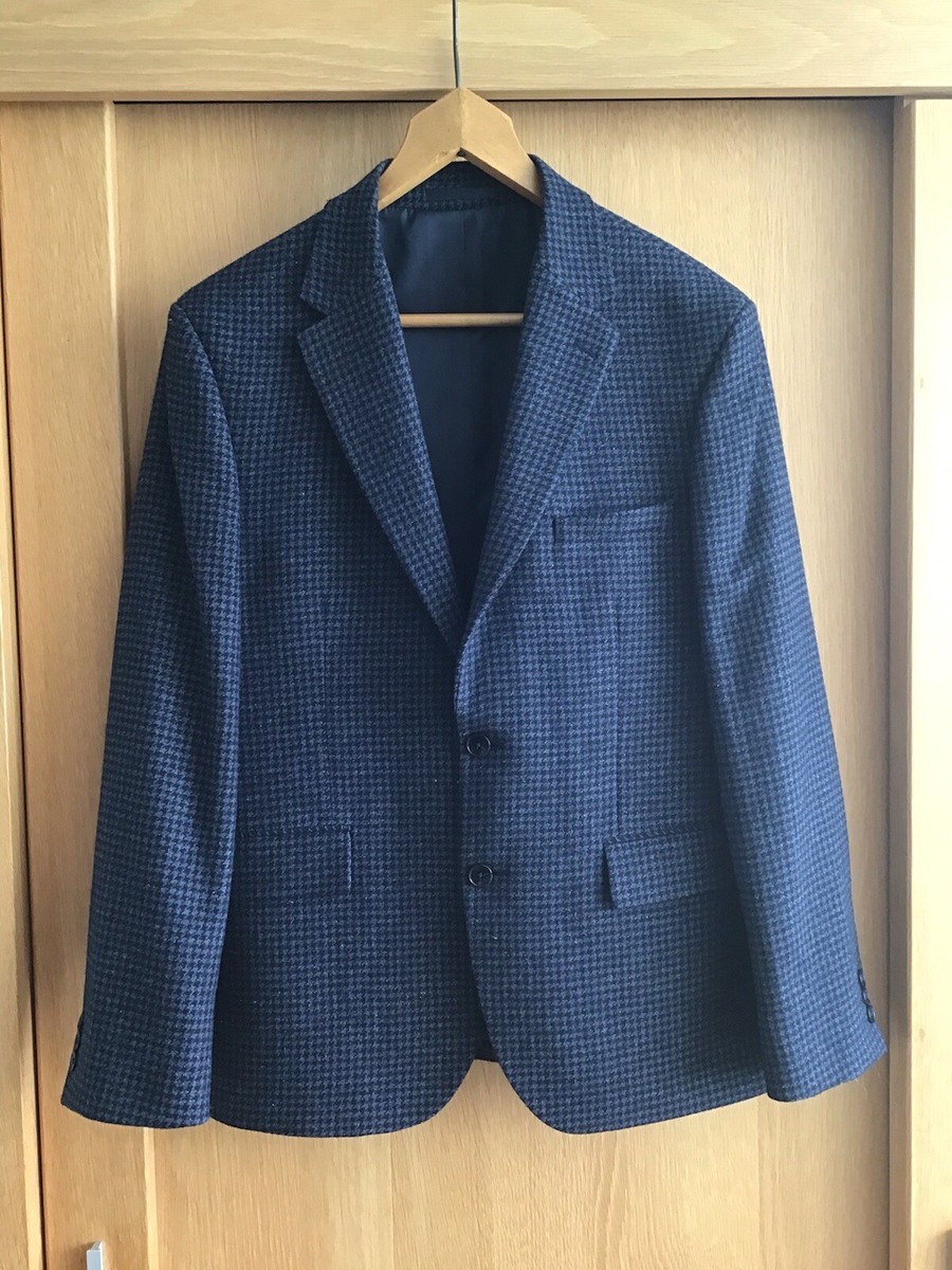 Men's Moss Single Breasted Jacket Blue Check Uk44in Slim Fit Short