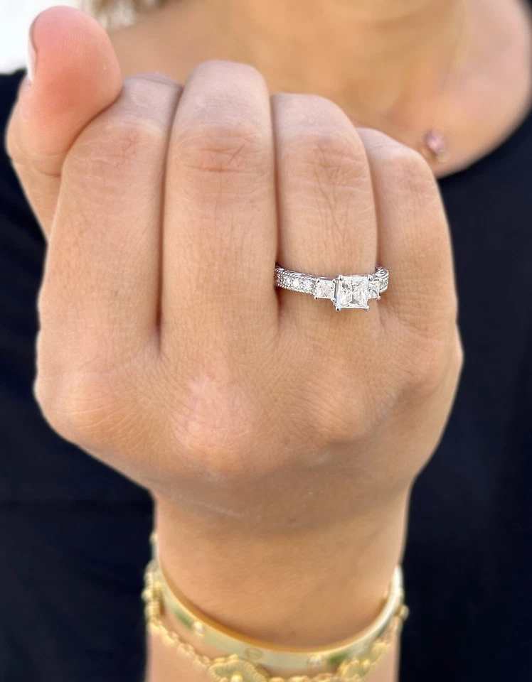 Princess Diamond Engagement Ring Three Stone IGI Certified 14k White Gold 1.60ct - Image 4 of 4