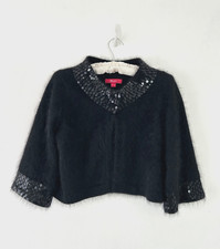 Monsoon Shrug Cardigan Women's Sequin 70% Angora Fluffy Black Cropped VTG - 12