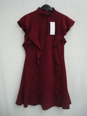 KAREN MILLEN Kleid Dress ärmellos bordeuxrot Voillants Schleife Größe 38 / UK 10