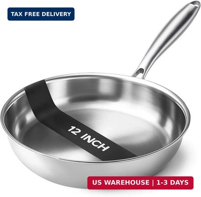 Kirecoo Tri-Ply Stainless Steel Pan - 12 Inch Frying Pan, Fast and Even Heat Sta
