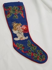 STOCKING ANGEL HOLDING ORNAMENT RARE NEEDLEPOINT CHRISTMAS COLLECTIBLE DECOR