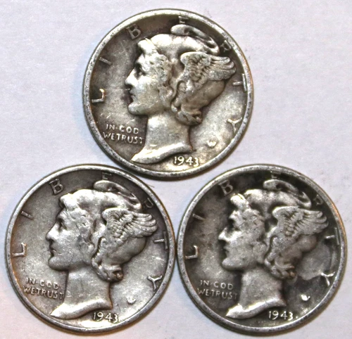 (3) Mercury Dimes - VF/XF - 1943D 1943P 1943S - #1405ED FREE SHIPPING