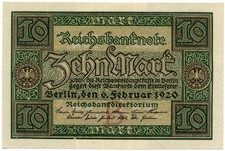 10 MARK REICHSBANKNOTE WEIMAR REPUBLIC GERMANY 06/02/1920 qFDS