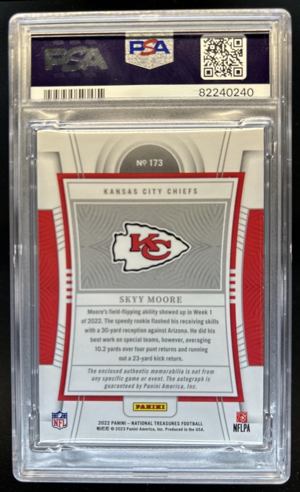 2022 National Treasures Skyy Moore Rookie Patch Auto Green Jersey #/24 PSA 9 view 2