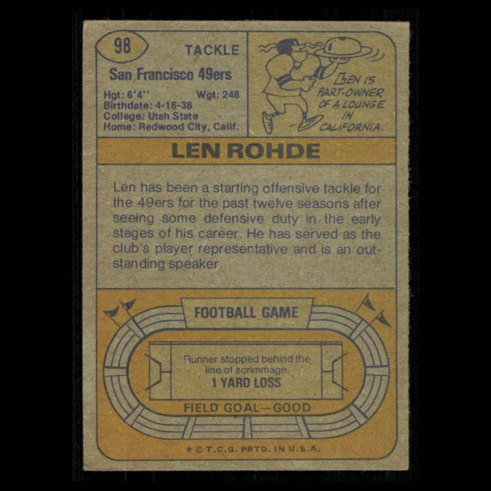 Len Rohde #98 1974 Topps San Francisco 49ers Football Card NFL NM - Image 2 of 3