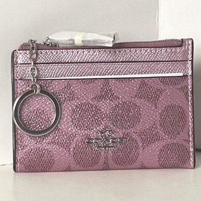Coach Mini Skinny ID Wallet CCS50 Signature Canvas Metallic Pink Keyring ORGPKG