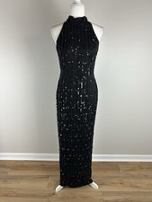 Vintage SCALA Maxi Black Sequin Beaded 100% Silk Formal Gown Dress Medium Y2K