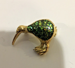 Kiwi Bird Pin Brooch Abalone Shell Chips Gold Tone Vintage