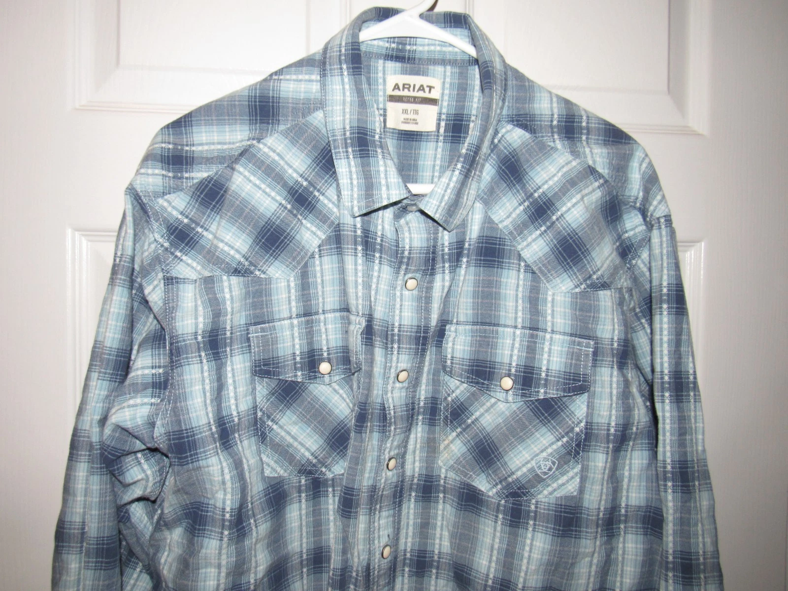 ARIAT Men's Retro Fit Snap Front Shirt Men's XXL Blue Plaid Cotton Long Sleeved