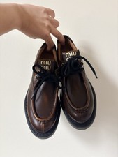 Miu Miu Women s Brown Leather Lace-Up Loafer Flats Round Toe Logo EU 38