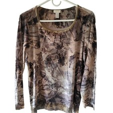Chico’s Velour Long Sleeve Metallic Brown Black Top Size 1 Made in USA