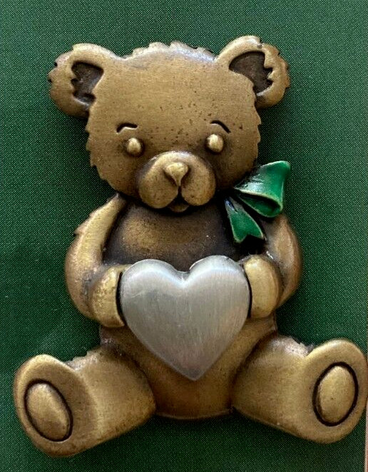 Roman, Inc. Teddy Bear lapel pin with Green Bow and Holding a Silver Heart