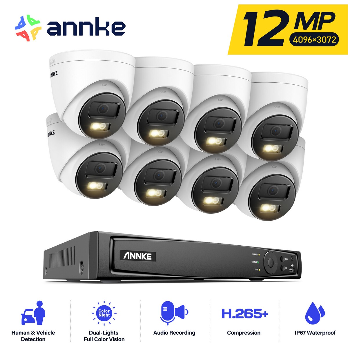 ANNKE 4K Security Camera System PoE, 16CH H.265 12MP NVR, 8x 4K Dome Security IP Cams (Not Ptz), AI Motion Detection, Built-in Mic Audio Recording