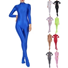Women Stretchy Oil Glossy Bodystocking Full Body Footed Bodysuits Yoga Sportwear