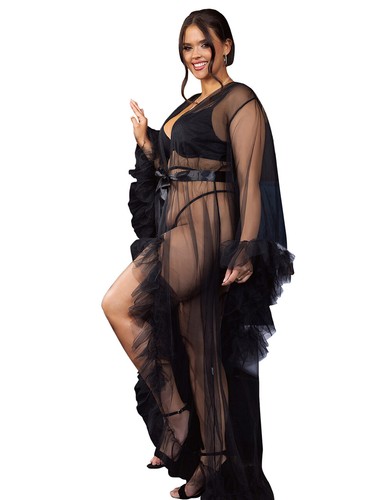 Sexy Plus Size 8-22 Black Ruffle Lace Sheer Wedding Bridal Gown Robe Full Length - Picture 2 of 3
