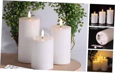 Flat Top Flameless Pillar Candles with Remote, Real Wax Flickering LED White