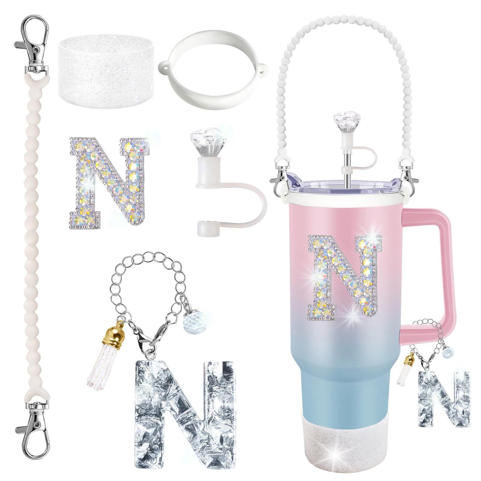 Stanley Cup Accessories 30 oz 40 oz Glitter Silver, Diamond Straw Cover, Lett