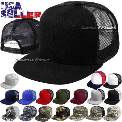Mens Flat Bill Trucker Hat Mesh Back Snapback 6 Panel Hip Hop Plain Baseball Cap
