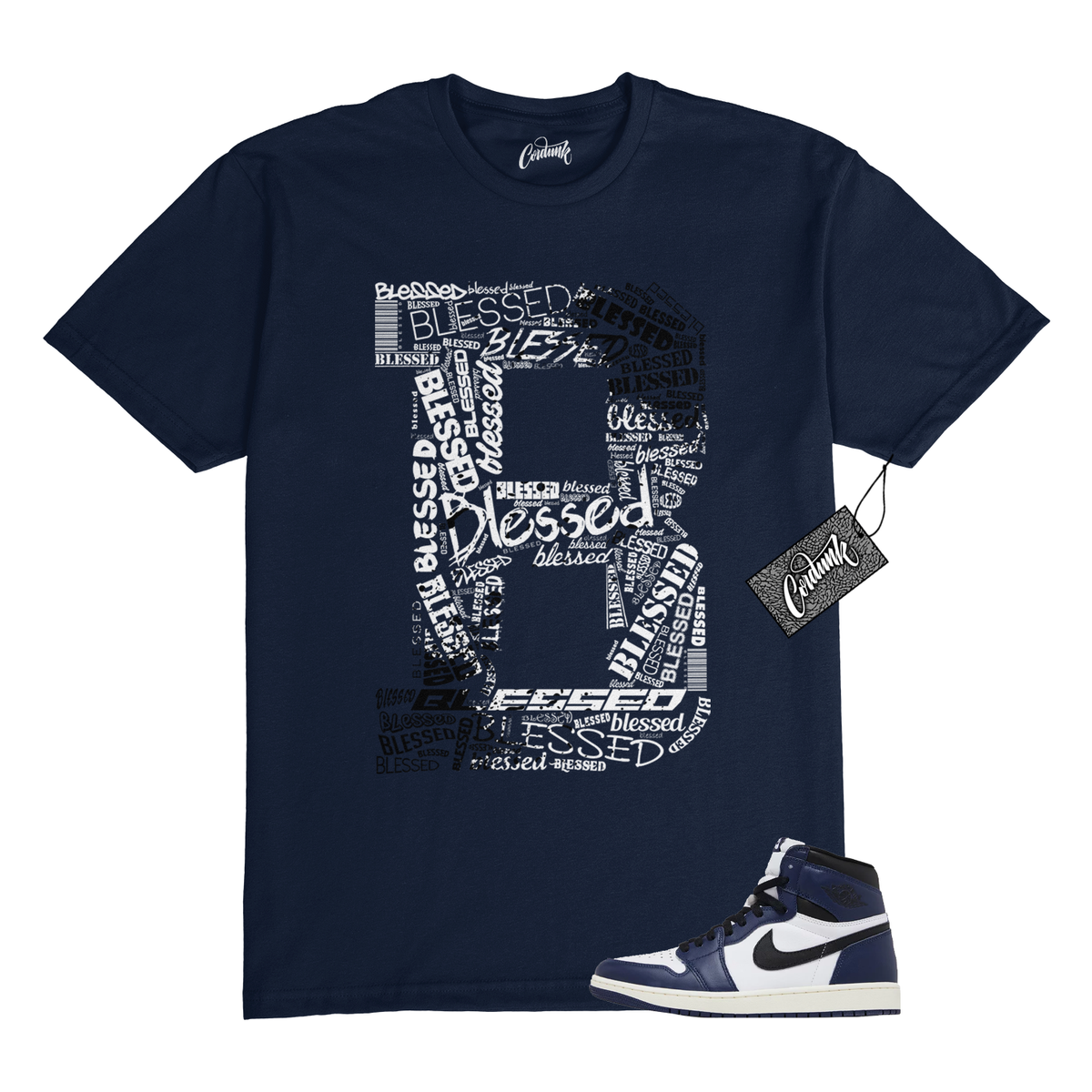 1 Midnight Navy Black White Sail Retro High OG T Shirt to Match BLESSED Jordan | eBay