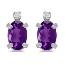 14k White Gold Oval Amethyst And Diamond Earrings