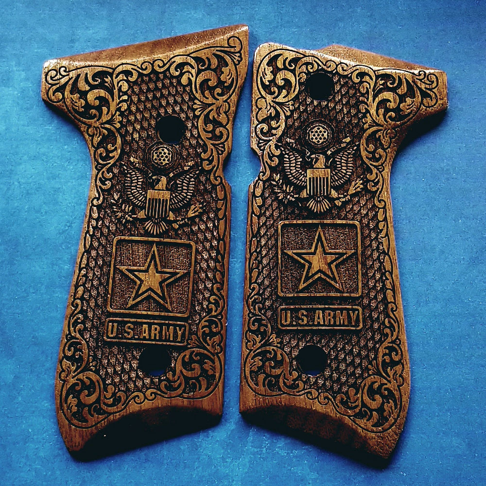 Beretta 92 92FS 96 3d engraved walnut wood grips US Army Eagle