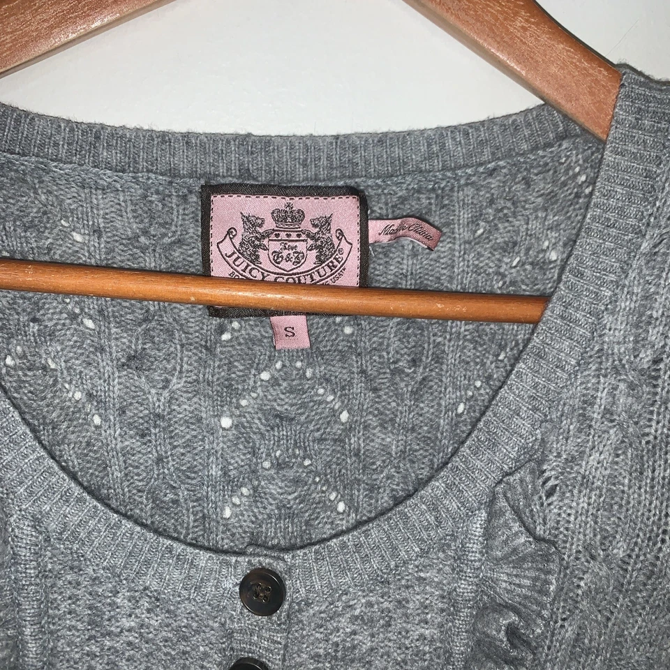 Vestido Suéter Juicy Couture Para Mujer Pequeño Gris Tejido con Cable Lana Cachemira Volantes Foto 2 de 4