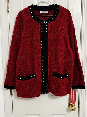 Cathy Daniels Womens Jacket Red Black Full Zip Pockets Collarless size 2X NWT