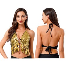 Women's Shiny Sequin Belly Dance Costume Top Halter Sequined Fringe Lace-up Bra