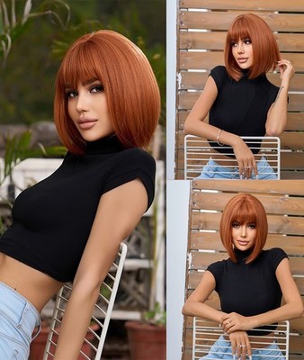 Bob Straight Women Dress Up Wigs With Fringe Copper Red Synthetic Hair