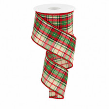 Red Green Cream Plaid Christmas Ribbon - 2 1/2" x 10 Yards, Tartan, Wired Edge