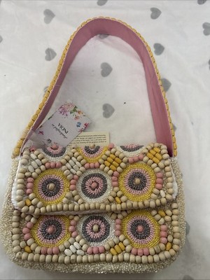 NEW Pastel Beaded Shoulder Bag   Pink Yellow Boho Pop Art Purse - Wood Beads