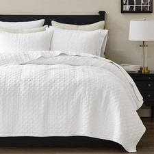 White 100 Cotton Quilt King Size Bedding Sets with 2 Pillow Shams, Textured Lig