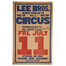 Póster de circo Lee Bros de colección de los años 40 Jeffersonville NY 14" X 22" Nueva York 1947