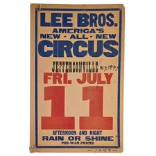 Vintage 1940s Lee Bros Circus Poster Jeffersonville NY 14" X 22" New York 1947