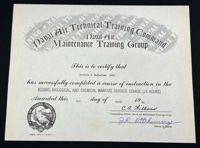 1964 US Navy Atomic Biological & Chemical Warfare Defense Course Certificate