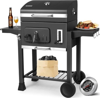 Holzkohlegrill XXL mit Deckel Thermometer und Rädern Schwarz für Garten Camping
