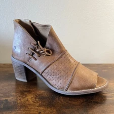 ROAN Katherine Booties 7 Womens Open Toe Brown Genuine Leather Block Heel Tan
