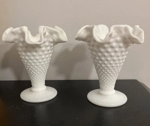 Vintage Fenton White Milk Glass Hobnail Footed Crimped Ruffled -2 Mini Vases