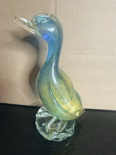 Vintage Murano Glass Duck Blue Gold Aventurine 7 1/2” Tall