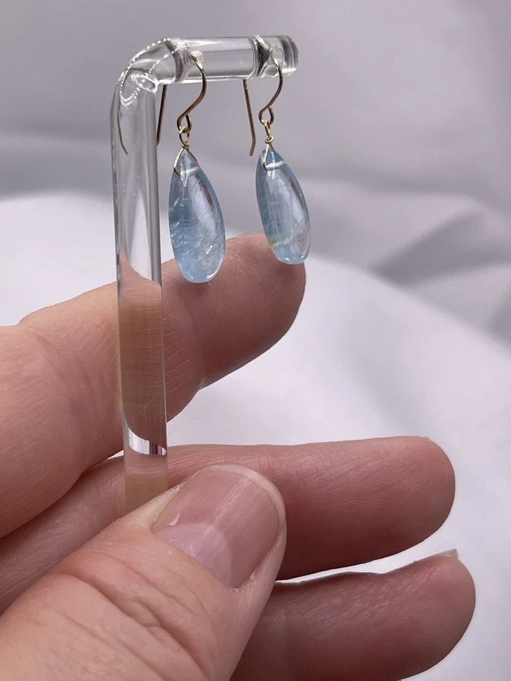 14K Solid Gold Aquamarine Earrings Natural Briolette RARE Blue FALL SPECIAL - Image 4 of 4