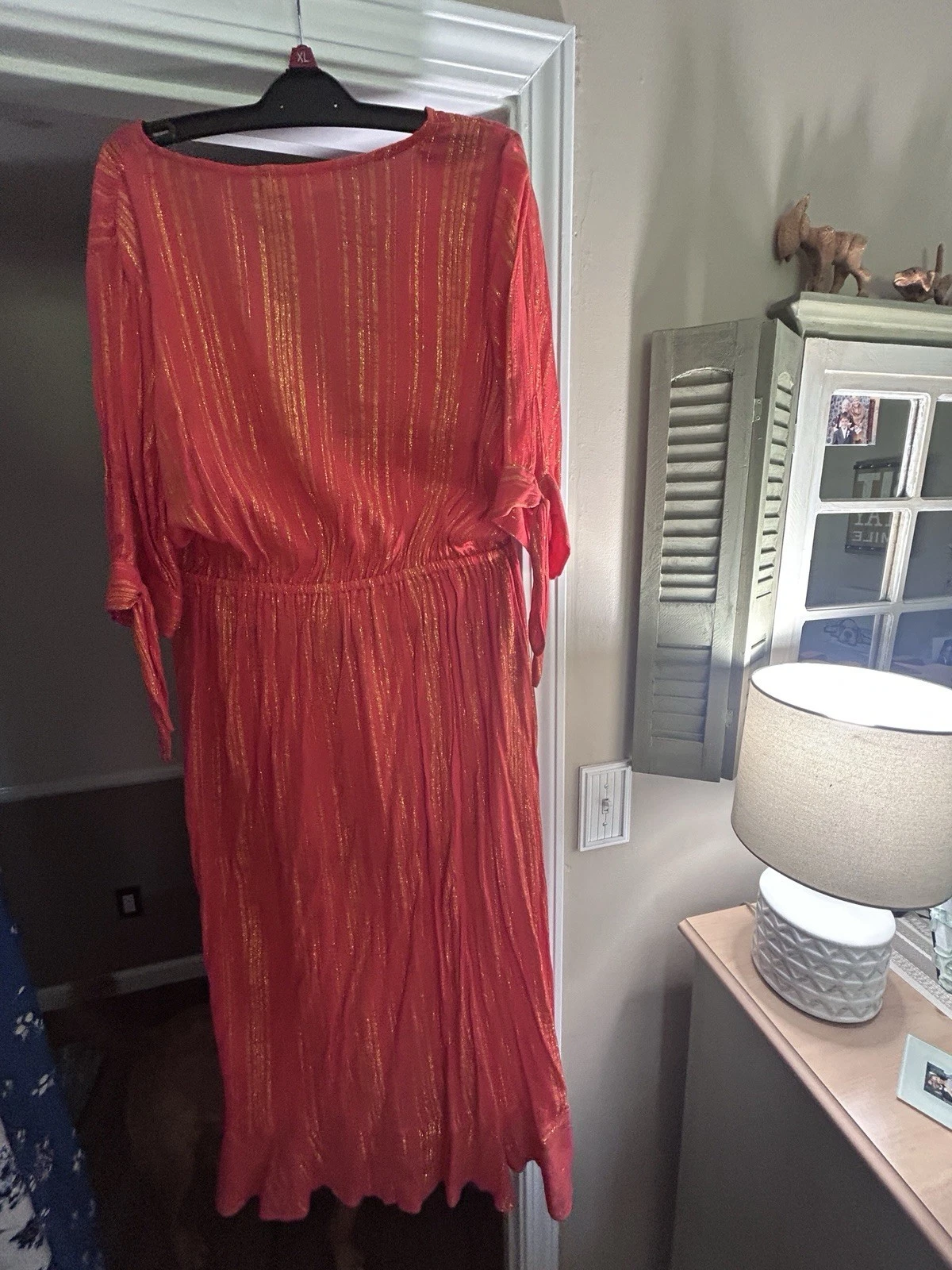 Abito estivo donna Michael Kors arancione righe metallizzate scollo a V avvolgente taglia L nuovo senza etichette