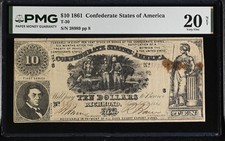 T-30 1861 Confederate States of America $10 Note - PMG Graded 20 Net