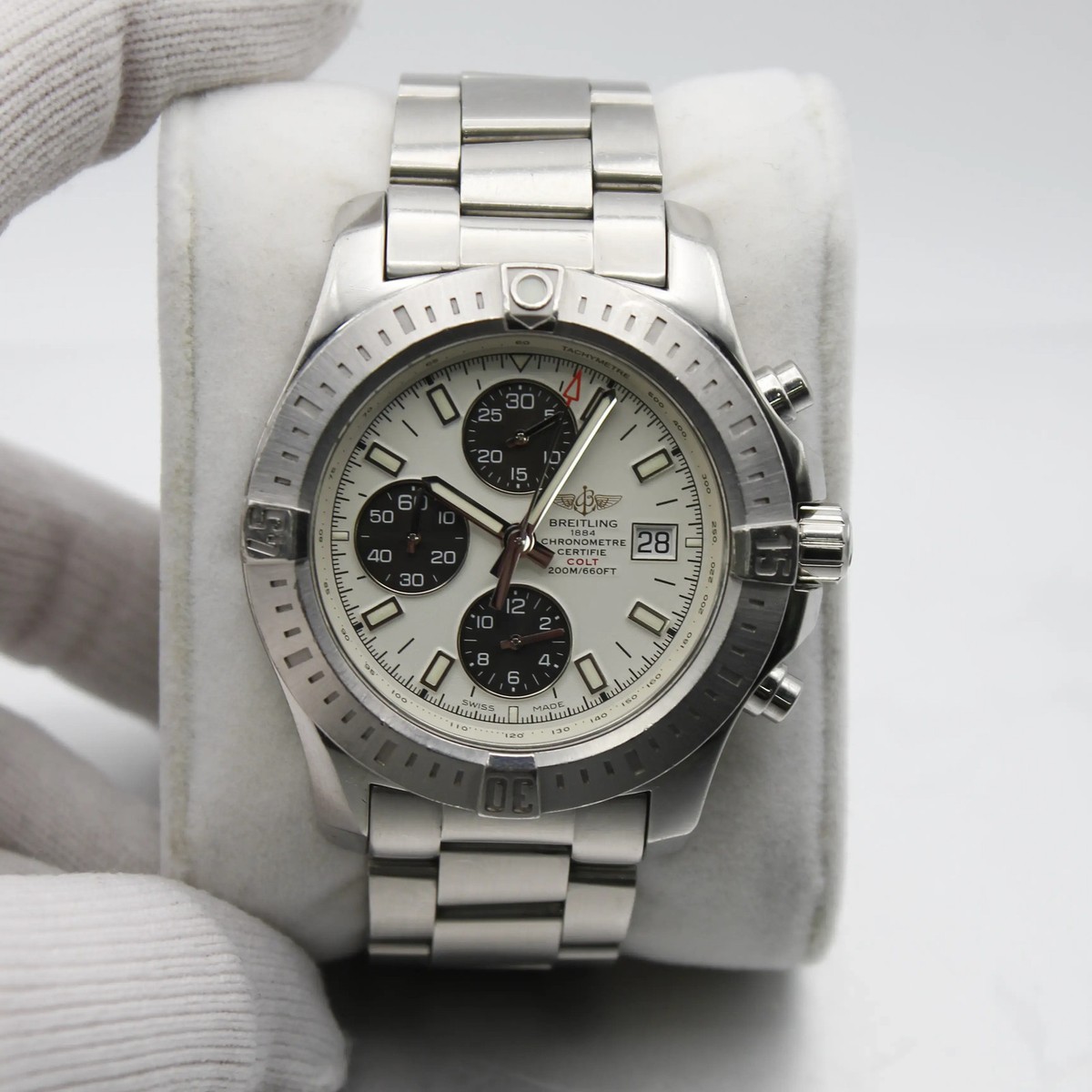 Breitling Colt Steel Chronograph White Sticks Dial Mens Watch