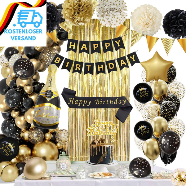 Geburtstagsdeko Schwarz Gold Party Deko Geburtstag Set Mit Happy Birthday Banner-image