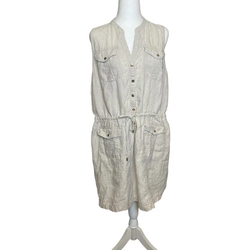 Abito safari cargo Michael Kors senza maniche marrone kaki lino XL tasche neutro