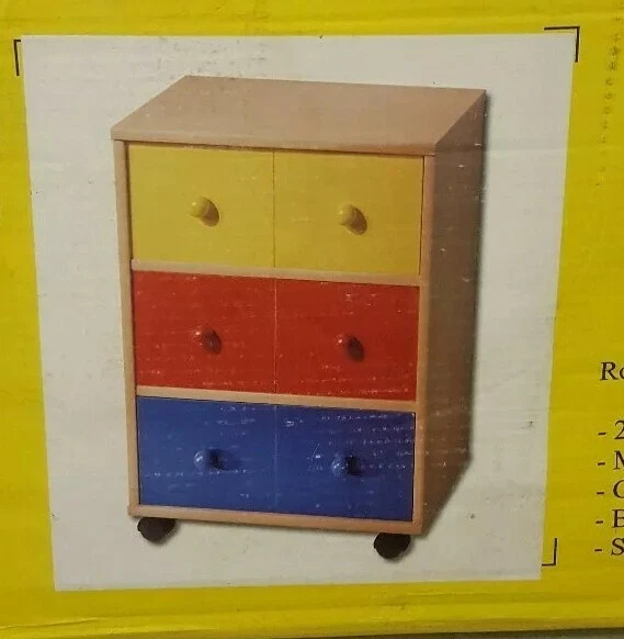 NEU Rollwagen mit Stapelboxen, Buche, Rot, Blau, Gelb, Bremse, Schrank 45×63×30