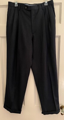 Berle Dress Trousers Pants Pleated Front Cuff Wool Dark Gray Cuffed Size 34x29.5