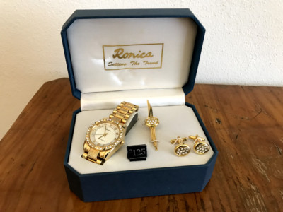 Org. RONICA Herren Schmuck Set Uhr-ManschettenKnöpfe-... ITALY NP 125  OVP Alt